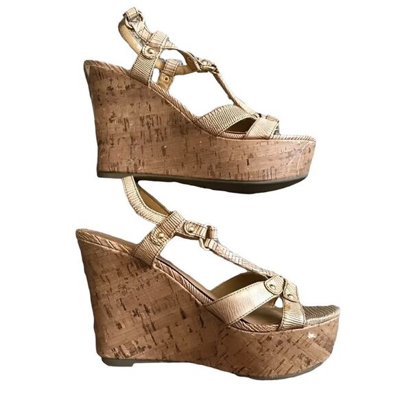 CLASSIFIED Womens Size 5.5 Beige Wedge Block Heel Strappy Peep Toe Shoes Sandals - Picture 3 of 10
